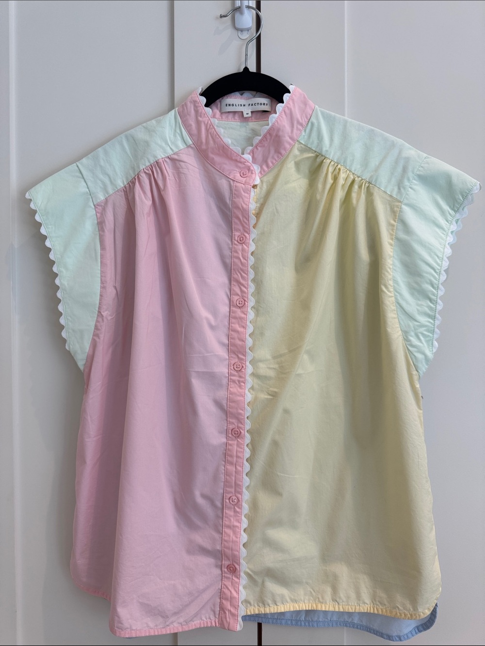 English Factory Pastel Colorblock Button-Front Blouse in Pink, Yellow & Mint